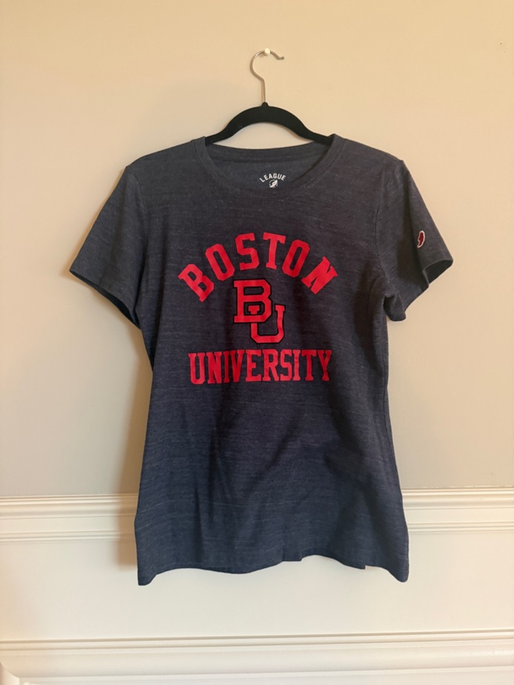 League Boston University Navy Blue Short Sleeve Tee with Red Logo